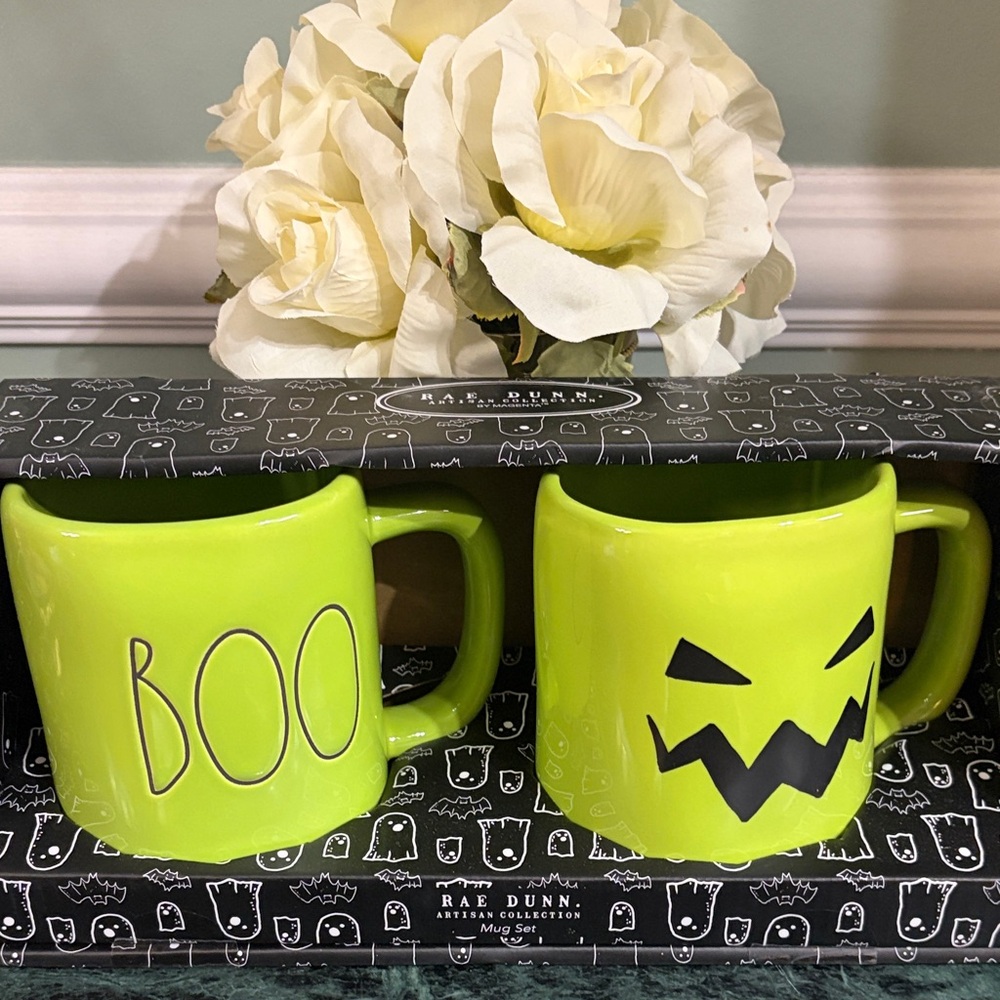 Rae Dunn Artisan Collection Ceramic Green Jack-o-lantern and “boo” Mug Set